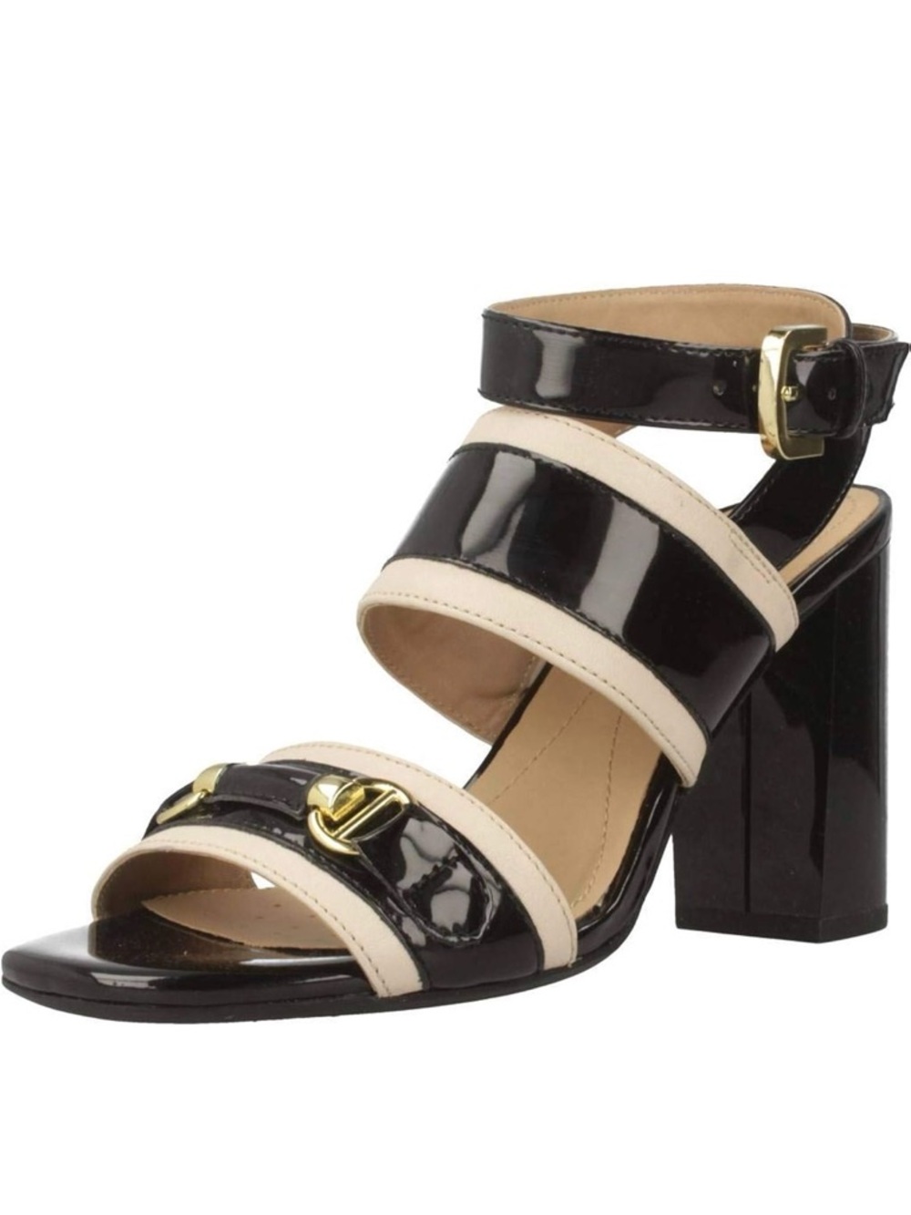 Geox Black and Cream Patent Block Heel Sandal